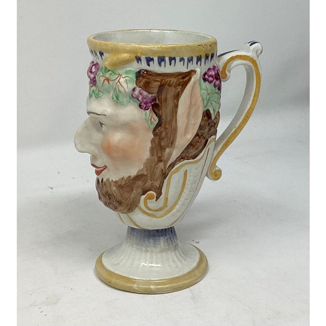Pristine Staffordshire c 1810 pearlware mug in the shape of Bacchus or a Satyr with a "surprise" of a small, modeled frog...