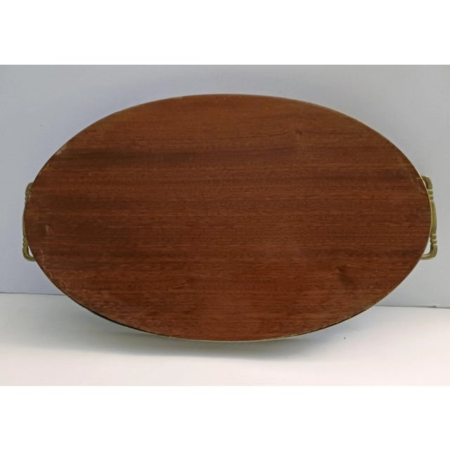 Mid 20th Century Italian Marquetry Wood Inlay Oval Serving Tray With Brass Gallery Rail & Handles For Sale In Phoenix - Image 6 of 8