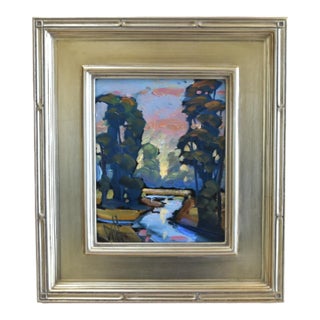 Original William Hawkins River Landscape Oil Painting Including the Antiqued Silver Wood Frame For Sale