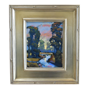 Original William Hawkins River Landscape Oil Painting Including the Antiqued Silver Wood Frame