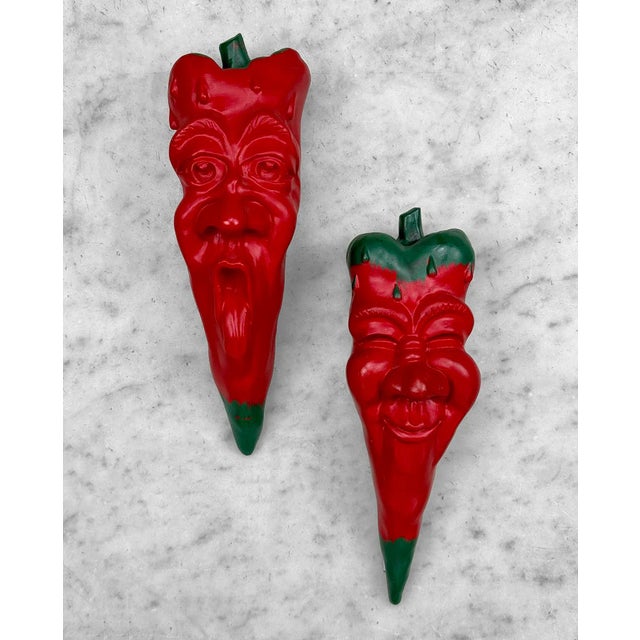 Vintage Oddity Red Chili Pepper Face Chalkware Wall Sculptures, A Pair, c.1996 - Original 2pc "Chili Pepper Face"...