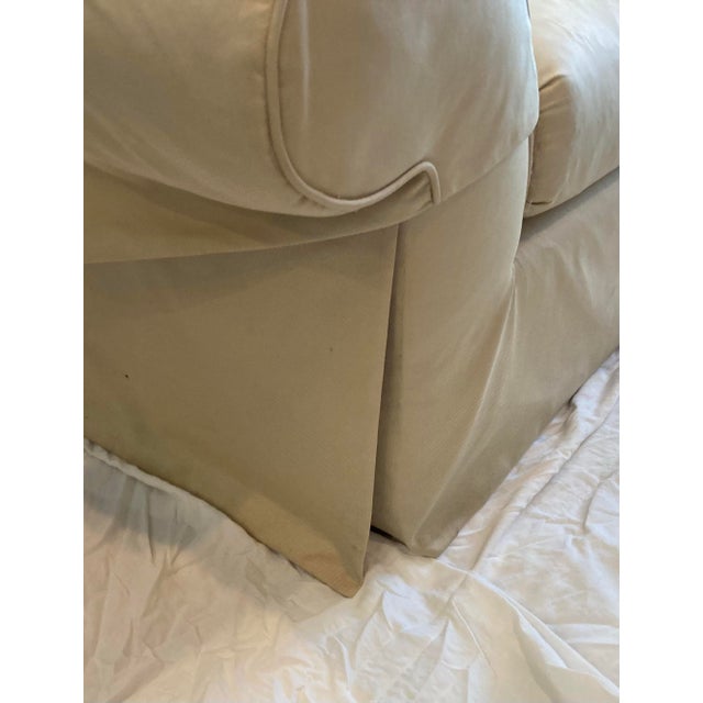 A. Rudin Upholstered Silk Roll Arm Sofa Loose Back &Seat Cushions With Dressmakers Skirt Four Decorative Pillows For Sale In Dallas - Image 6 of 12