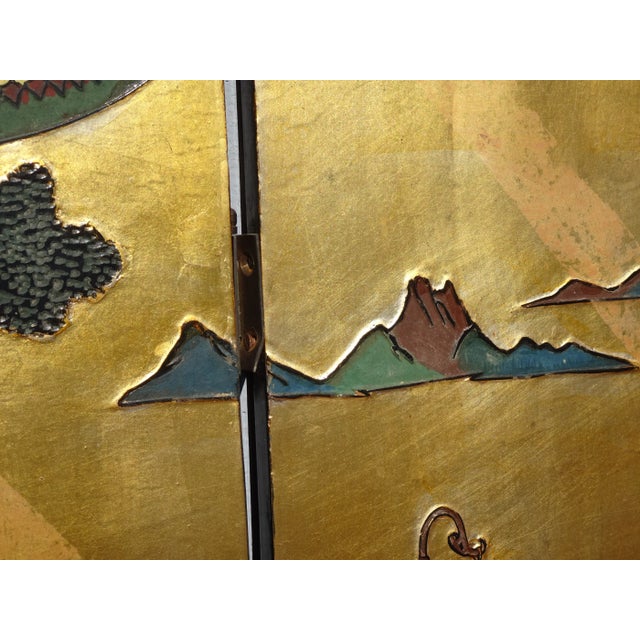 35"t Vintage Oriental Asian Gold Chinioiserie Coromandel 4 Four Panel Screen For Sale - Image 9 of 13