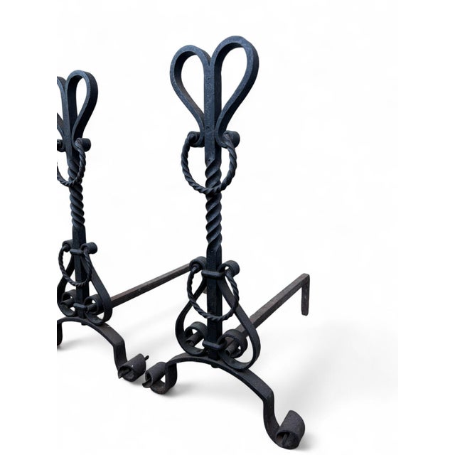 Black Antique Arts & Crafts Wrought Iron Pair Andirons Hart Top, Scrollwork & Spiral Accents, Twisted Lope Handles For Sale - Image 8 of 13