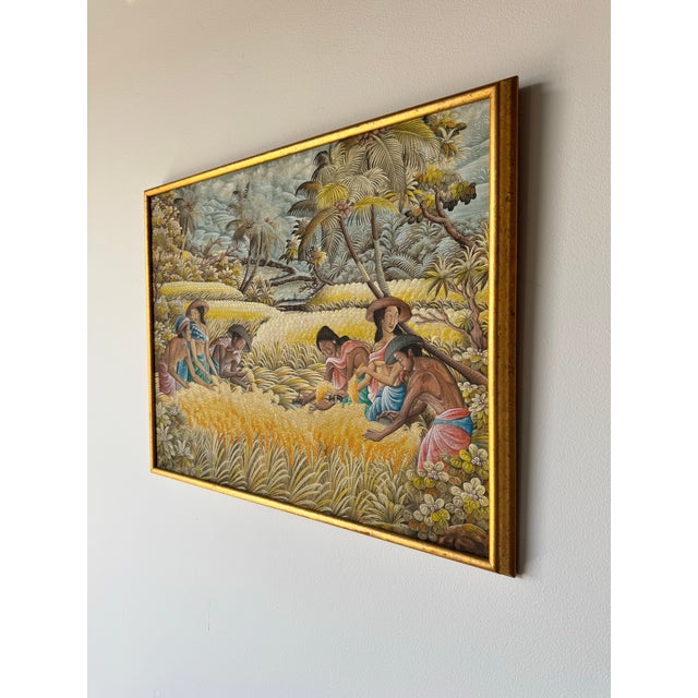 Vintage Kasta Asian Traditional Balinese Rice Farmers in Ubud Acrylic Painting For Sale - Image 4 of 12