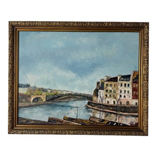 Claude Mourier European River Landscape Oil on Canvas Painting, Framed For Sale