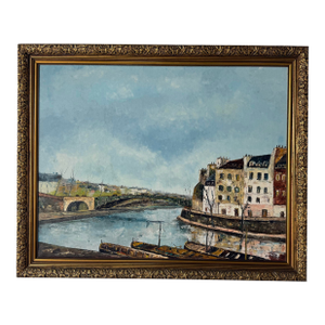 Claude Mourier European River Landscape Oil on Canvas Painting, Framed