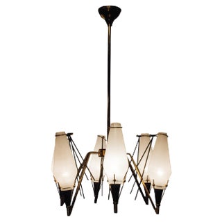 Mid-Century Modern Circular Gold White Brass and Glass Pendant Lamp, Italy, 1950s For Sale