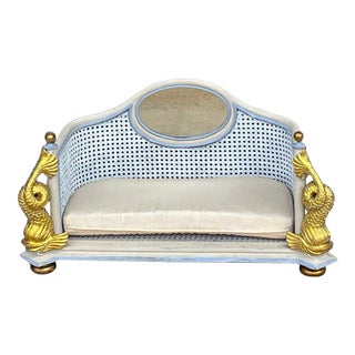1980s Neo-Classical Style Painted Blue and White Caned Dog / Pet Bed by Maitland-Smith For Sale