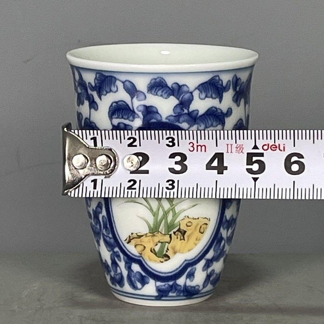 Late 20th Century Vintage Qing Blue & White Porcelain Cup – Famille Rose Orchid Medallion, "Qing Dynasty Collection" Mark For Sale - Image 5 of 9