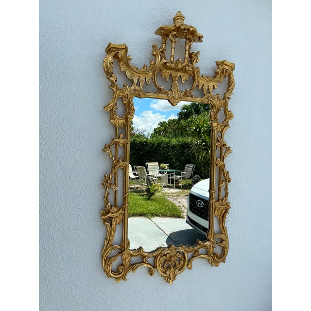 Chinoiserie Circa 1920–1940 Chinoiserie Carved Wood Gilt Mirror For Sale - Image 3 of 10