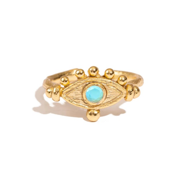 Mystic Turquoise Evil Eye Gold Adjustable Band Ring, Size 8 For Sale - Image 9 of 9
