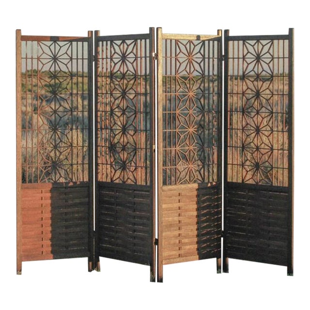 Mid-Century Modern Kumiko Teak Wood Room Divider Folding Screen For Sale