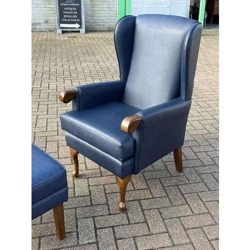 Set of Blue Leather Armchair & Foot Stool For Sale - Image 4 of 11
