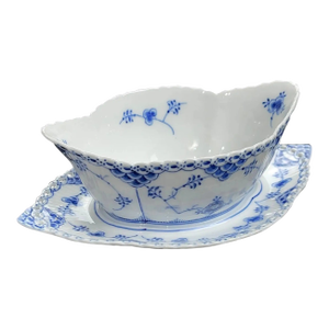 Vintage Mid-Century Modern Royal Copenhagen Blue Fluted Half Lace Gravy Boat With Under Plate