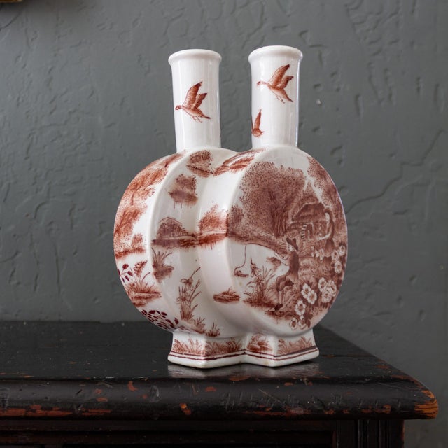 English Porcelain Double Moon Flask Vase With Red Hand Painted Country Scene For Sale - Image 3 of 18