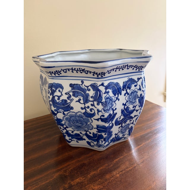 Chinoiserie Chinoiserie Large Blue and White Porcelain Planter For Sale - Image 3 of 7