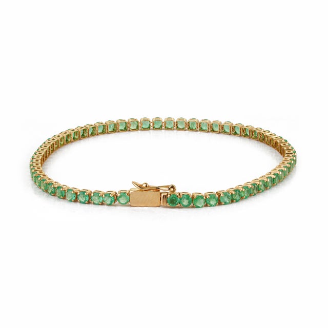 Certified 3.47ct Natural Emerald Tennis Bracelet in 14k Yellow Gold For Sale - Image 9 of 16