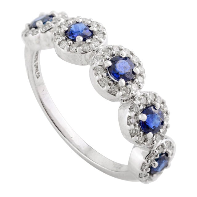 5 Round Cut Blue Sapphire Halo Diamond Ring Size 7 For Sale