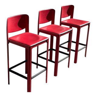 1970s Matteo Grassi Stitched Red Leather Barstools, Set of 3 For Sale