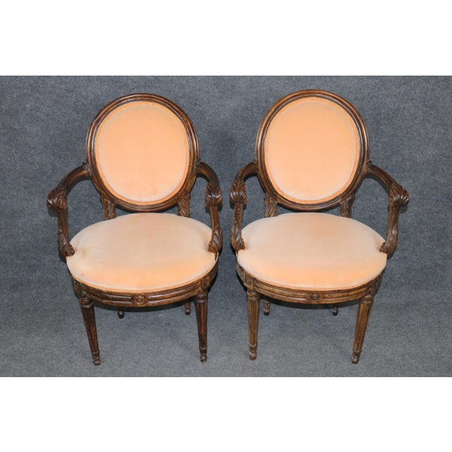 French Pair of 18th C. French Louis XVI Carved Upholstered Armchairs For Sale - Image 3 of 15