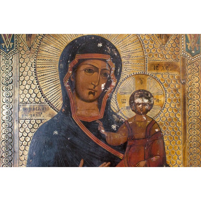 Art Deco Antique Early 1800s Original Russian Icon Hand Painted Annunciation Our Lady of Kazan Madonna and Jesus For Sale - Image 3 of 11