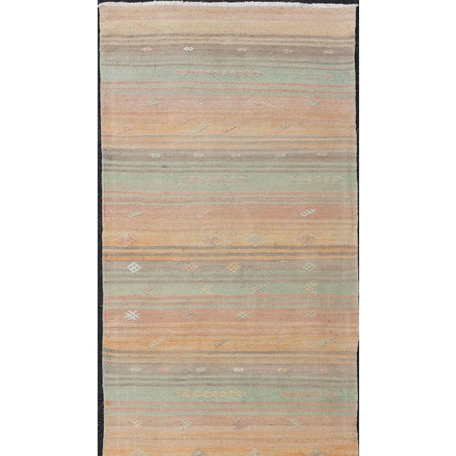 Mid 20th Century Mid 20th Century Vintage Turkish Kilim Runner With Stripes in Multi Soft Colors For Sale - Image 5 of 12