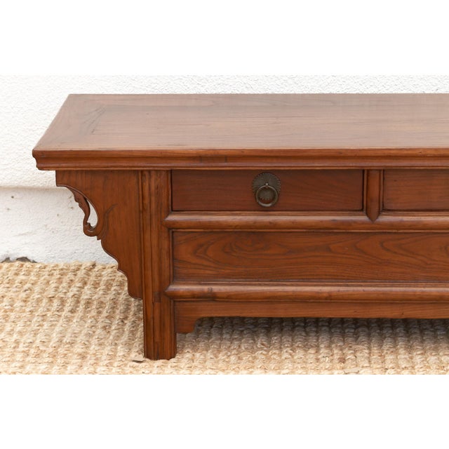 Antique Elm Low Kang Table With 3 Drawers For Sale - Image 4 of 12