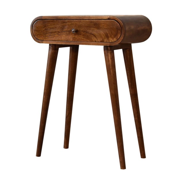 This compact console table features smooth curved edges and a chestnut tone that enhances its modern simplicity. Two...