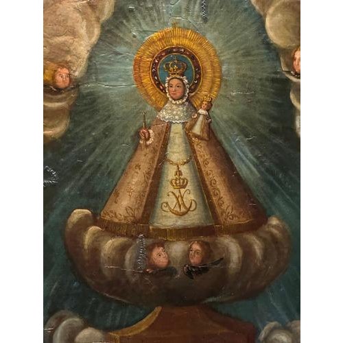 Processional banner with a canvas of Our Lady of Candelaria, 16th century Very rare processional banner with an oil-...