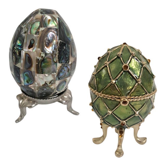 Lot of 2 Decorative Eggs – Abalone Shell Mosaic & Monet Green Enamel Egg Box For Sale