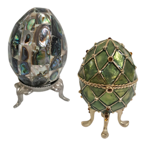 Lot of 2 Decorative Eggs – Abalone Shell Mosaic & Monet Green Enamel Egg Box
