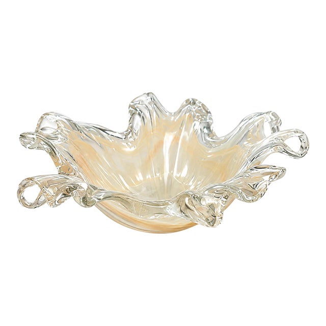Vintage Murano Style Ruffled Art Glass Bowl - Amber Swirl For Sale