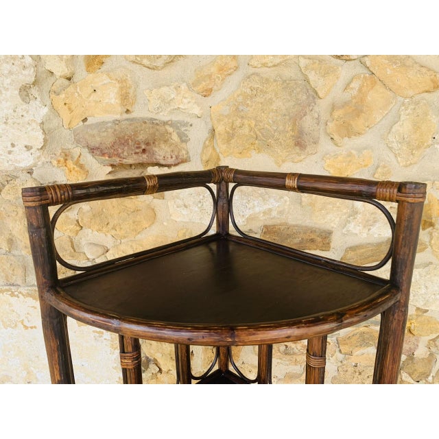 Mid-Century Modern Mid-Century Modern Bamboo and Rattan Three-Tier Corner Shelf, 1960s For Sale - Image 3 of 18