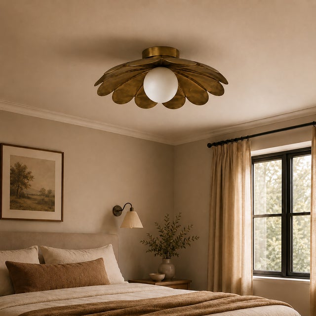 Brass Flower Ceiling Light, Mid Century Modern Flush Mount Light, Daisy Ceiling Lamp, Frosted Glass Globe Fixture For Sale - Image 9 of 15