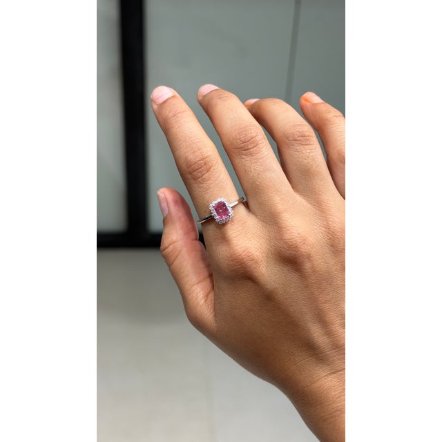 Art Deco Art Deco Emerald-Cut Pink Sapphire & Diamond Halo Ring in 14k White Gold Size 6 For Sale - Image 3 of 16