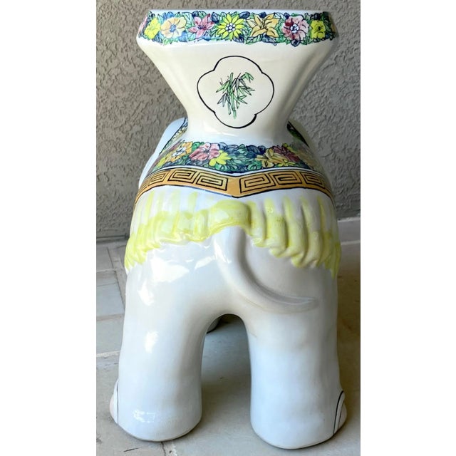 Whimsical Mid 20th-Century Highly Glazed Earthenware Elephant Garden Stool / Plant Stand For Sale - Image 4 of 18