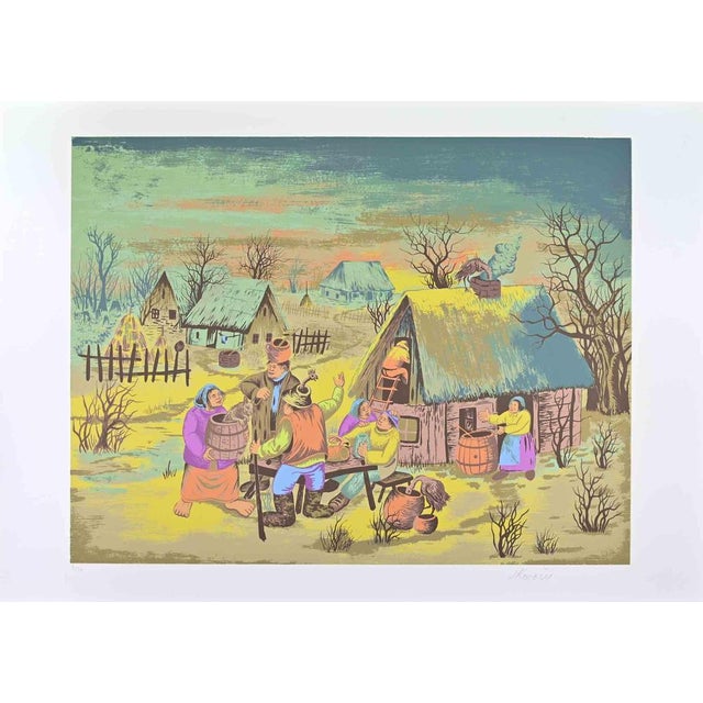 Contemporary Mijo Kovacic, Selo (Village Gathering), Screenprint, 1980s For Sale - Image 3 of 3