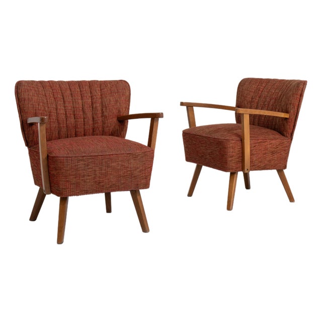 Pair of Mid-Century Modern Upholstered Armchairs Burnt Orange For Sale