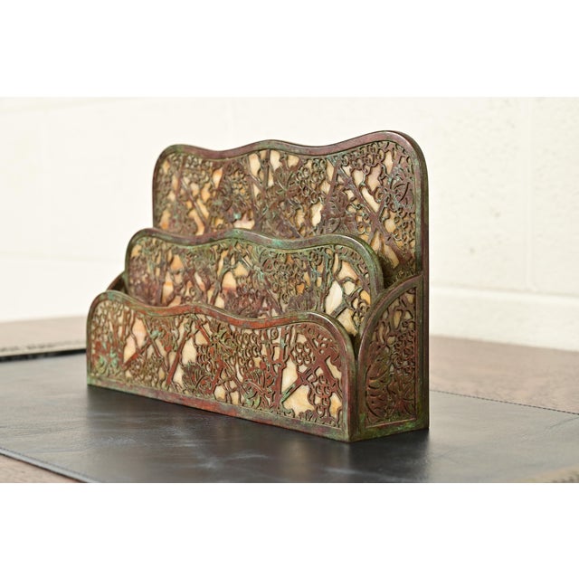 Tiffany Studios New York Grapevine Pattern Bronze and Favrile Slag Glass Letter Rack For Sale - Image 14 of 14