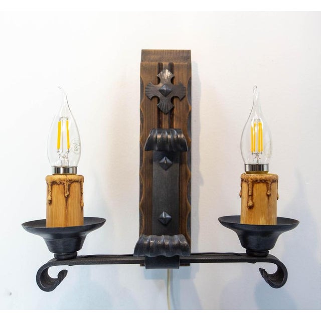 Wood French Double Sconces in Pine and Wrought Iron, 1960, Set of 2 For Sale - Image 7 of 13