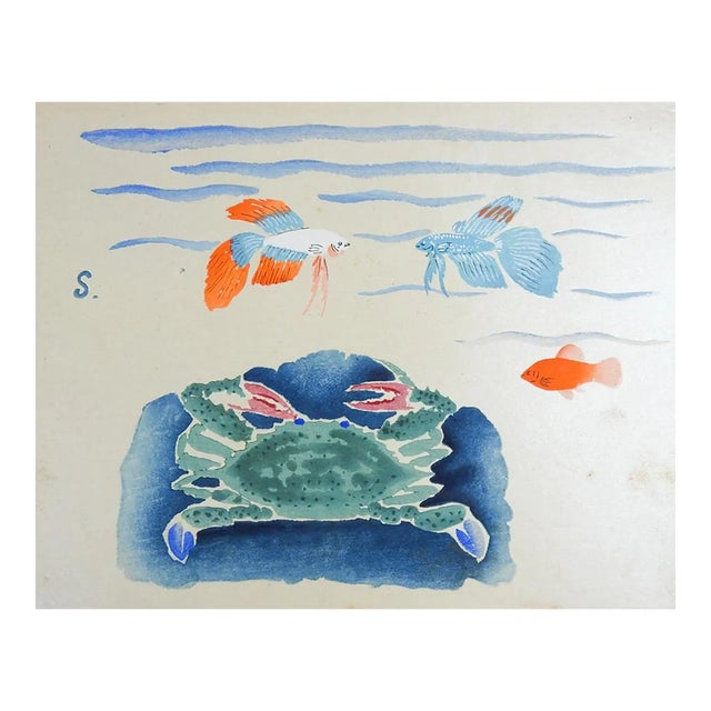 Mid 20th Century Japanese Mingei Folk Art Stencil Crab Fish Print For Sale