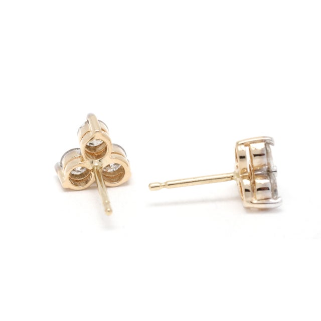 Modern 1ctw Diamond 3 Stone Stud Earrings, 14k White & Yellow Gold, Length 7.6 Mm For Sale - Image 3 of 4