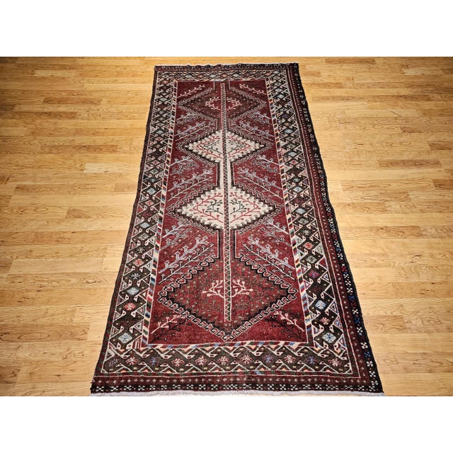 Burgundy Vintage Persian Shiraz Tribal Area Rug, Handwoven Geometric Pattern, Burgundy & Ivory, 5’ X 10’ For Sale - Image 8 of 12
