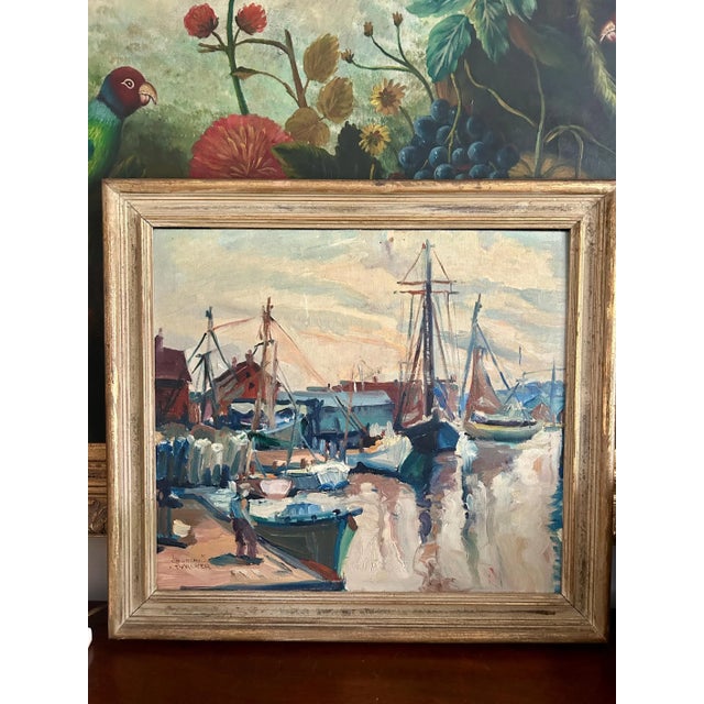 Wood Coastal Oil Painting ~ Beside the Docks by Letha Churchill Walker c.1940 For Sale - Image 7 of 7