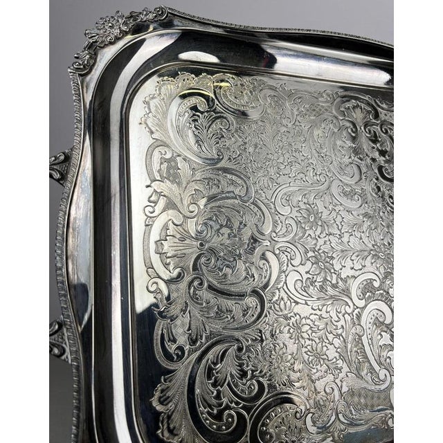 Metal Vintage English Ornate Engraved Metal Twin Handle Tray For Sale - Image 7 of 18