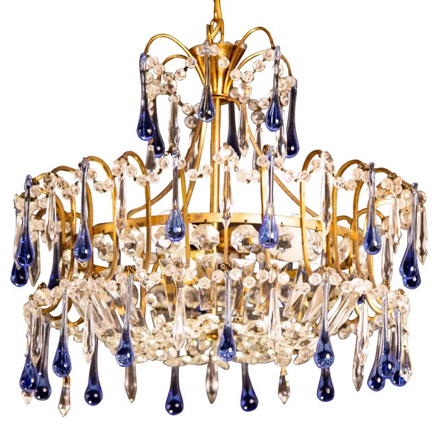 Vintage Emperor Style Chandelier, Blu Murano Drops, 1960s For Sale