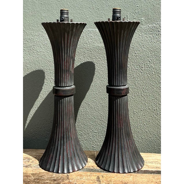 Charcoal Vintage Patinated Fluted Metal Lamps - A Pair For Sale - Image 8 of 12