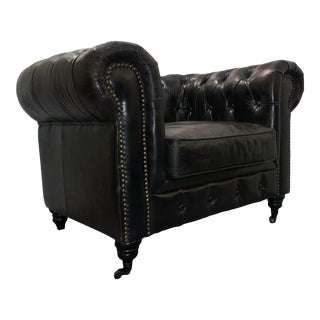 Black Vintage Style Leather Chesterfield Club Chair For Sale