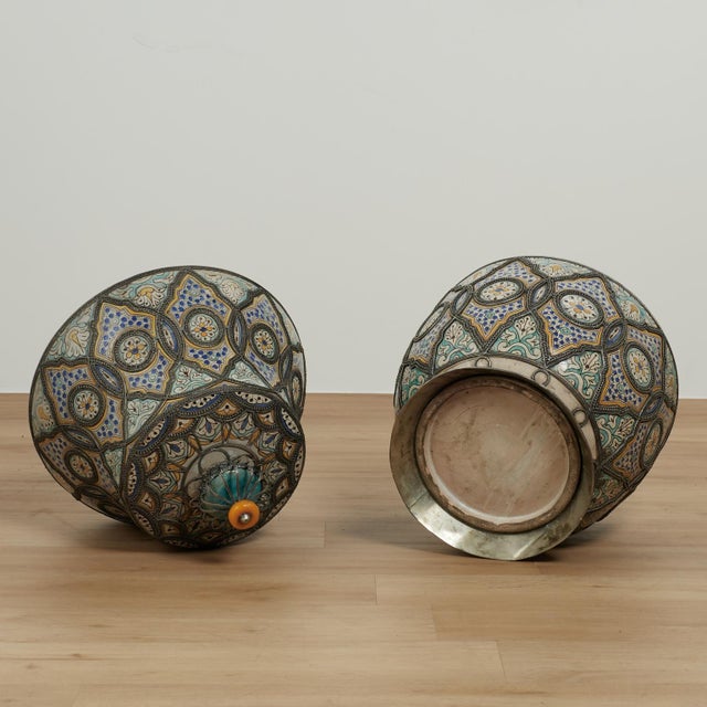 Pair of Vintage Moroccan Terra Cotta and Metal Lidded Urns For Sale - Image 15 of 16